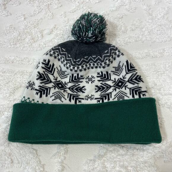 KNITTED CUFFED POM-POM BEANIE Unisex Green Sz OS Cozy Cabin Northern Winter - Picture 1 of 4